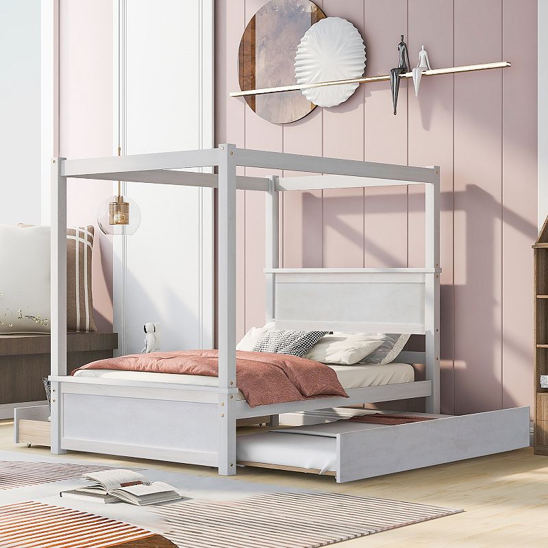 Merax Canopy Platform Bed with Trundle Bed， Wood Canopy Bed