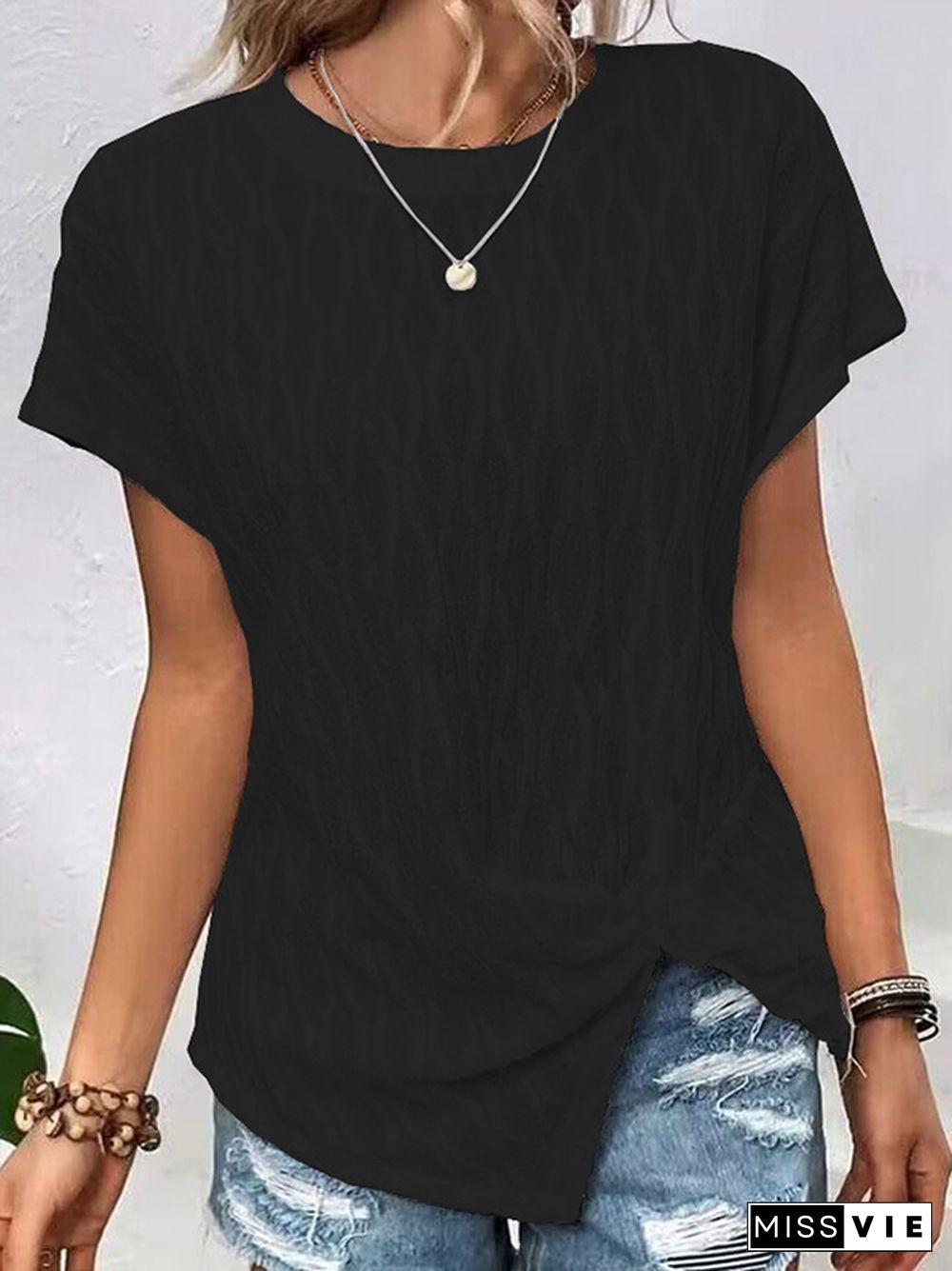 Batwing Sleeves Loose Jacquard Solid Color Split-Front Round-Neck T-Shirts Tops