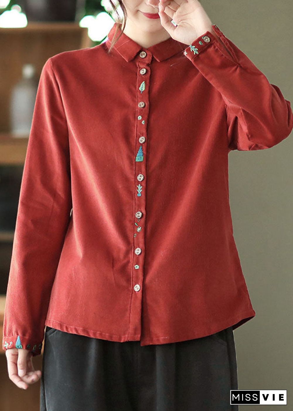 Retro Red Embroideried Patchwork Corduroy Shirt Tops Spring