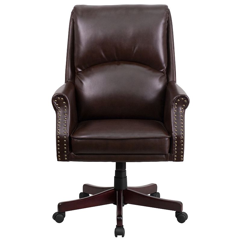 Merrick Lane Tiber Ergonomic Executive Office Chair with High Pillowed Back and Rolled Arms In Brown Faux Leather with Mahogany Finish Base