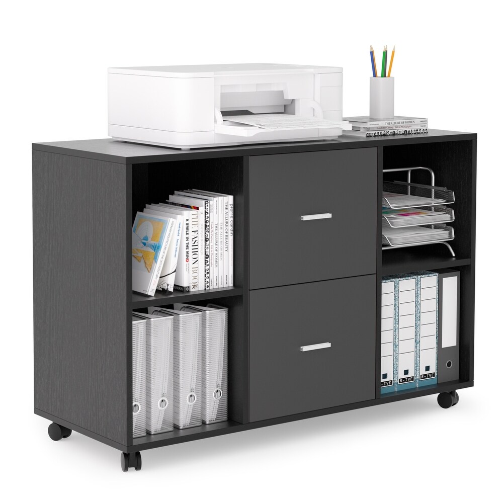 Wooden Filing Cabinet with 2 Drawers and 4 Open Storage Shelves  Equipped with Movable Wheels