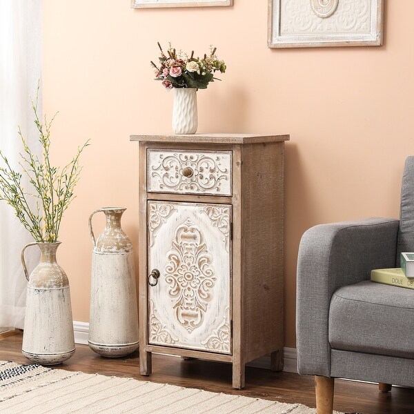 Distressed Floral Carved Wood 1-Door and 1-Drawer End Table with Storage - 30.13