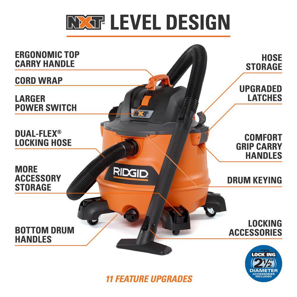 RIDGID 14 Gallon 6.0 Peak HP NXT WetDry Shop Vacuum with Fine Dust Filter Locking Hose and Accessories HD1400