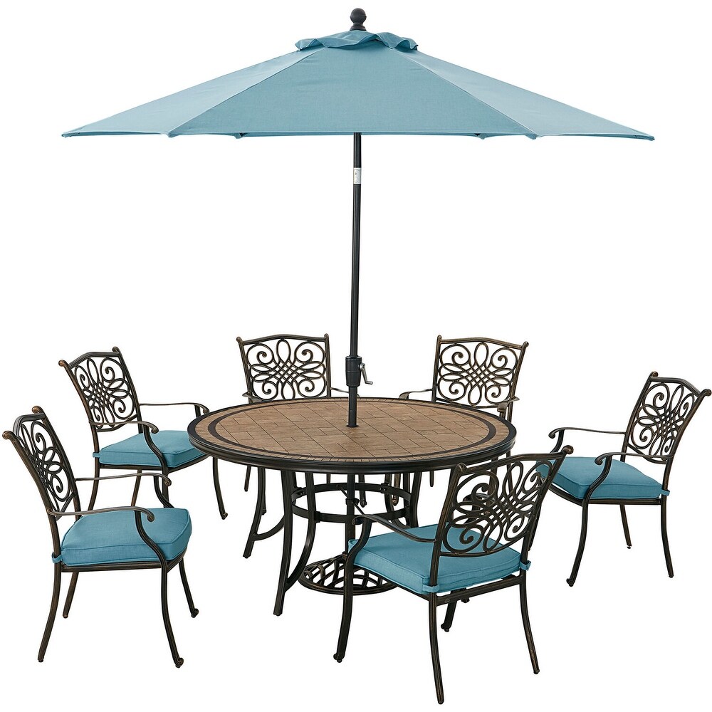 Hanover Monaco 7 Piece Dining Set in Blue with Six Dining Chairs  60 in. Tile Top Table and 9 Ft. Umbrella