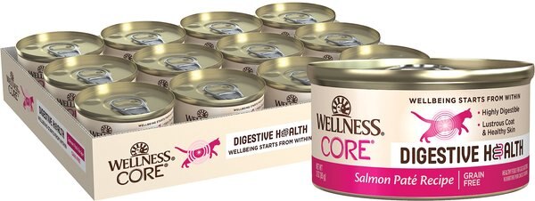 Wellness CORE Digestive Health Salmon Pate Recipe Grain-Free Wet Cat Food， 3-oz， case of 12