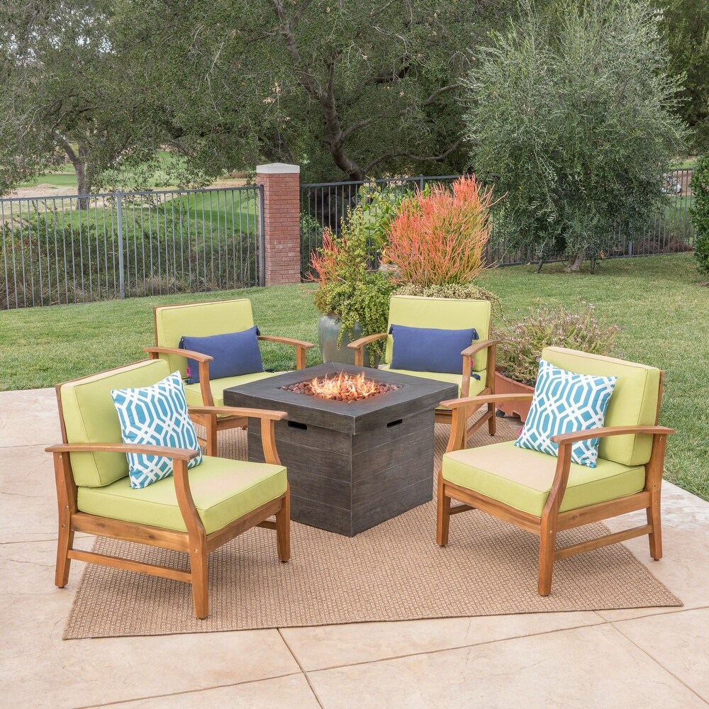 Havana Outdoor 4 seater Wood Chat Set with Fire Table by Christopher Knight Home