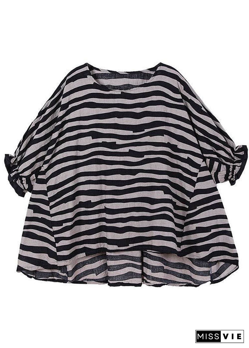 Boho Black Loose O-Neck Ruffled Fall Striped Shirt Top Half Sleeve