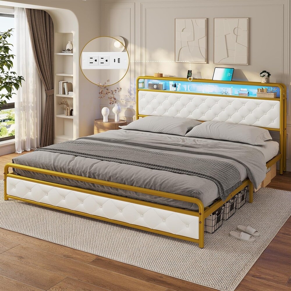 King Size Bed Frame with Built in LED Light Headboard