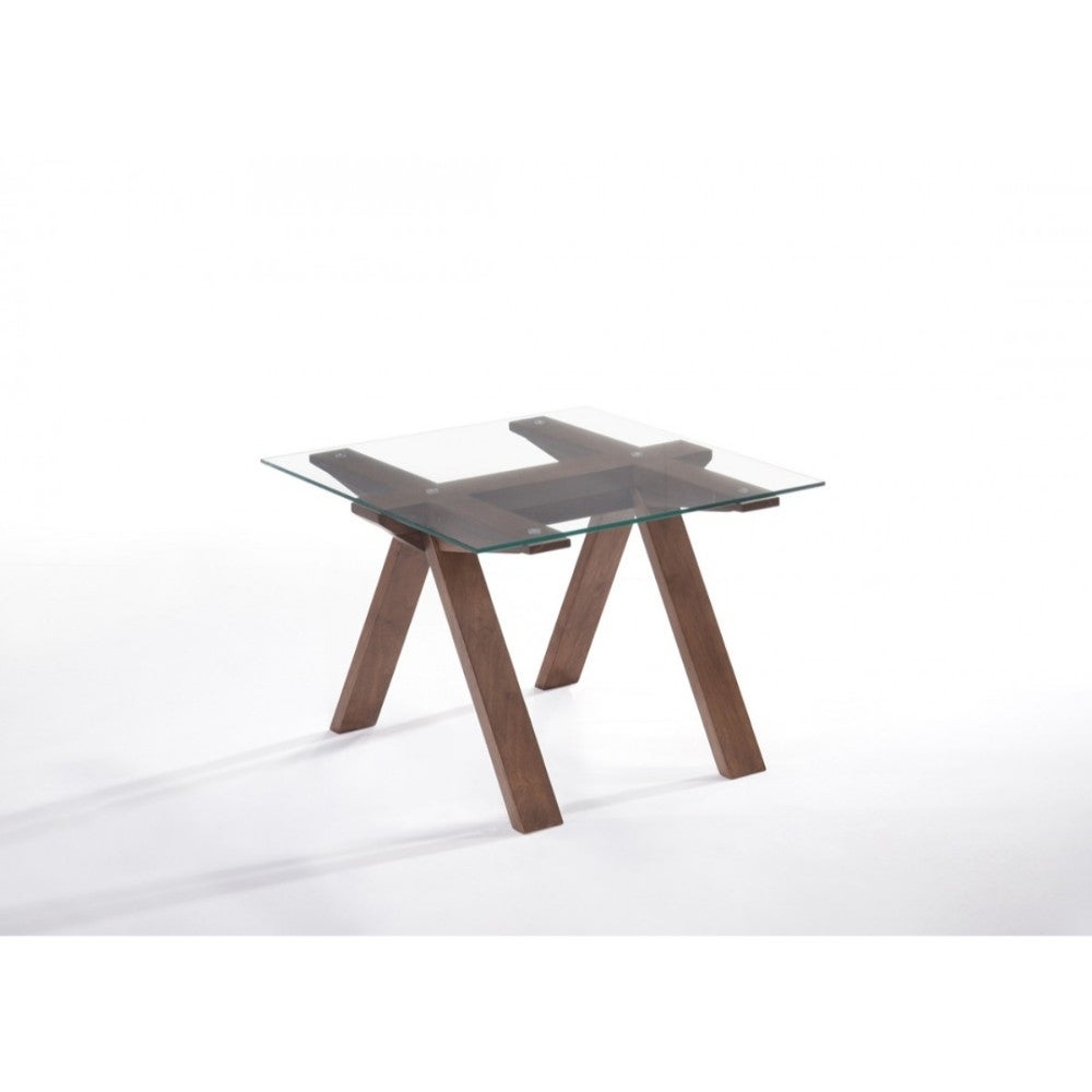 Square Glass Table Top End Table with Inverted V Shaped Wooden legs， Walnut Brown