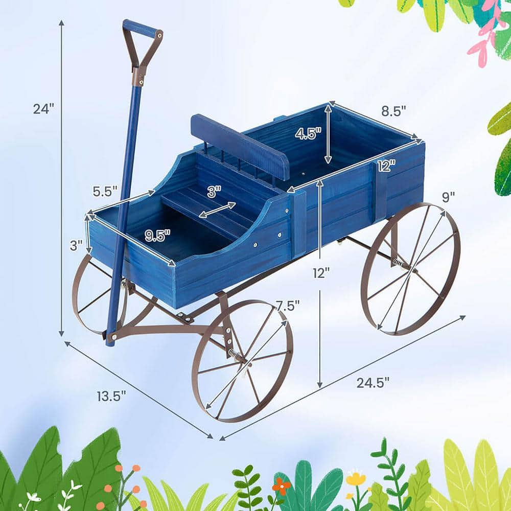 Gymax 24 in. x 24.5 in x 13.5 in. IndoorOutdoor Blue Wooden Garden Flower Planter Wagon Plant Bed with Wheel Garden Yard GYM13042