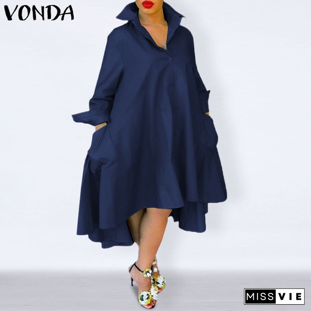 VONDA 4 Color Women Long Sleeve Turn Down Collar Irregular Hem Shirt Dress Loose Spring Fall Casual Dress Vestidos