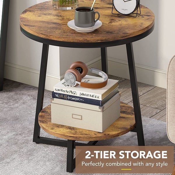 2 Tier Industrial Round Side End Table with Storage Living Room