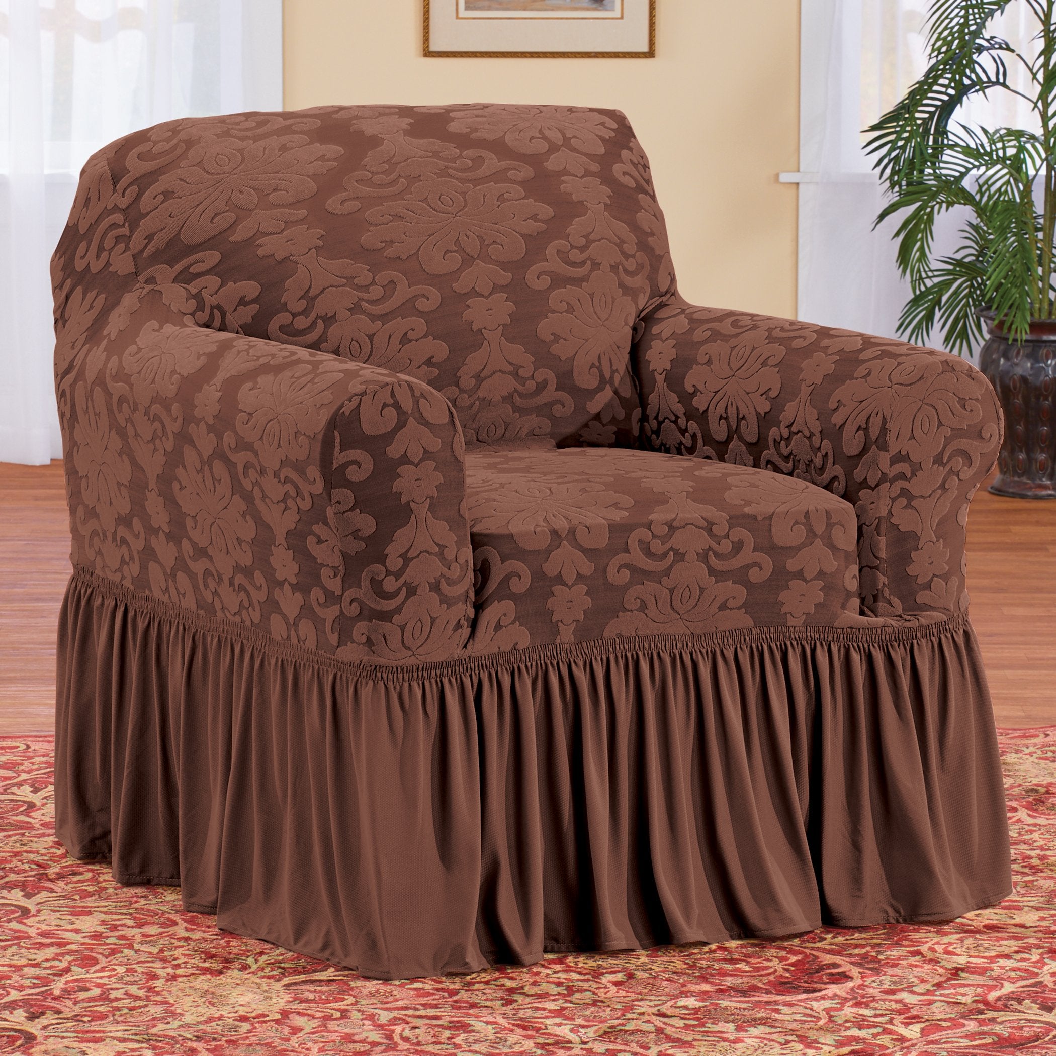 Collections Etc Elegant Ruffled Protective Stretch Furniture Slipcover Chocolate Chair