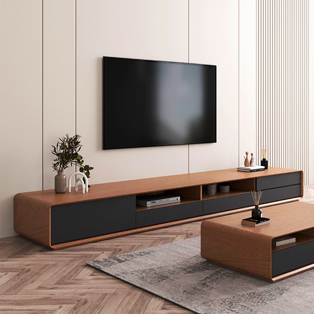 Modern Wood TV Stand  Lowline Media Console with 4 Drawers  Open Storage Cabinet  Walnut Veneer  Fully assembled