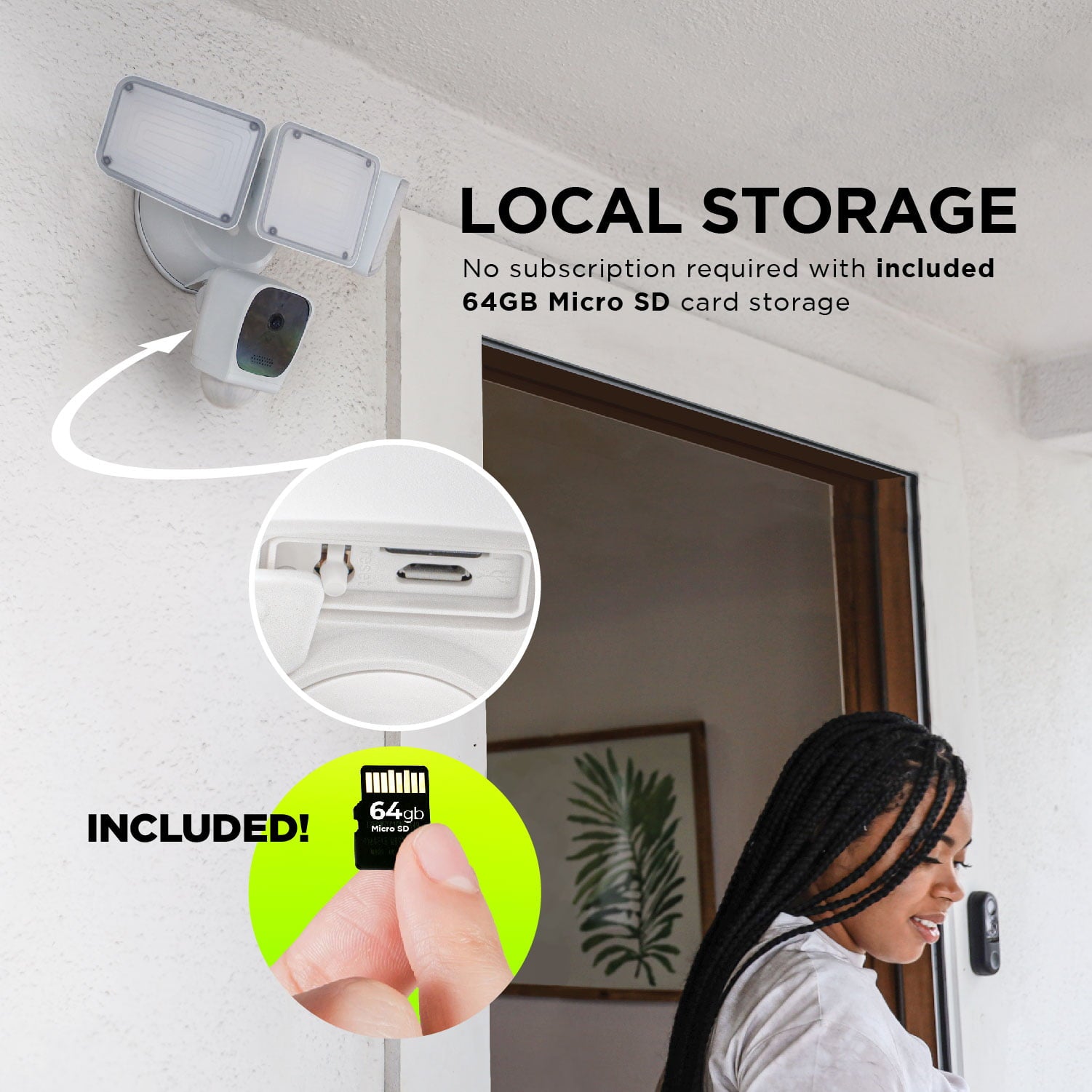 Home Zone Security Triple Head Flood Light Camera – 3500 Lumen LED + 1080P Resolution + 128GB Storage， White