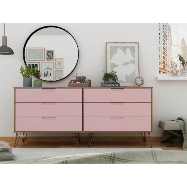 Rockefeller 6-Drawer Double Low Dresser in Native and Rose Pink