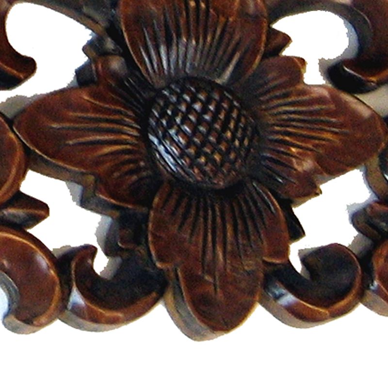 Hand Carved Wooden Moonbay Wall Shelf in Floral Design， Brown