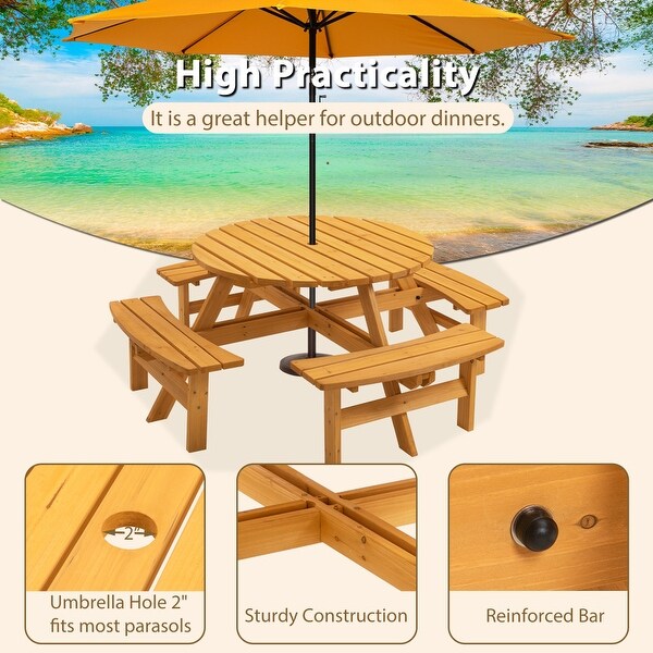 43.3'' Round Wooden Outdoor Picnic Dining Table with 4 Builtin Benches for 8 Person