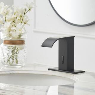 BWE Waterfall Automatic Sensor Touchless Bathroom Sink Faucet With Pop Up Drain With Overflow  Deck Plate In Matte Black A-918139-B