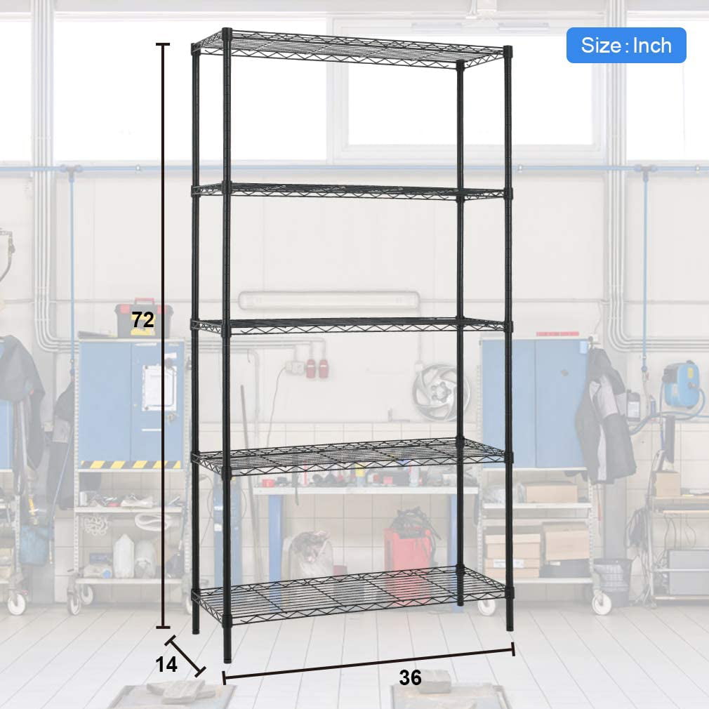 5 Shelf Wire Shelving Unit Garage NSF Metal Shelf Organizer Large Storage Shelves Heavy Duty Height Adjustable Utility Commercial Grade Steel Layer Shelf Rack 1250 LBS Capacity -14x36x72,Black