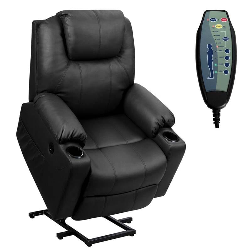 Electric Power Lift Recliner, Leather Massage Reclining Sofa, Elderly Lift Chair with Lumbar Heating & 8 Vibrating Nodes, Cup Holder, USB Port