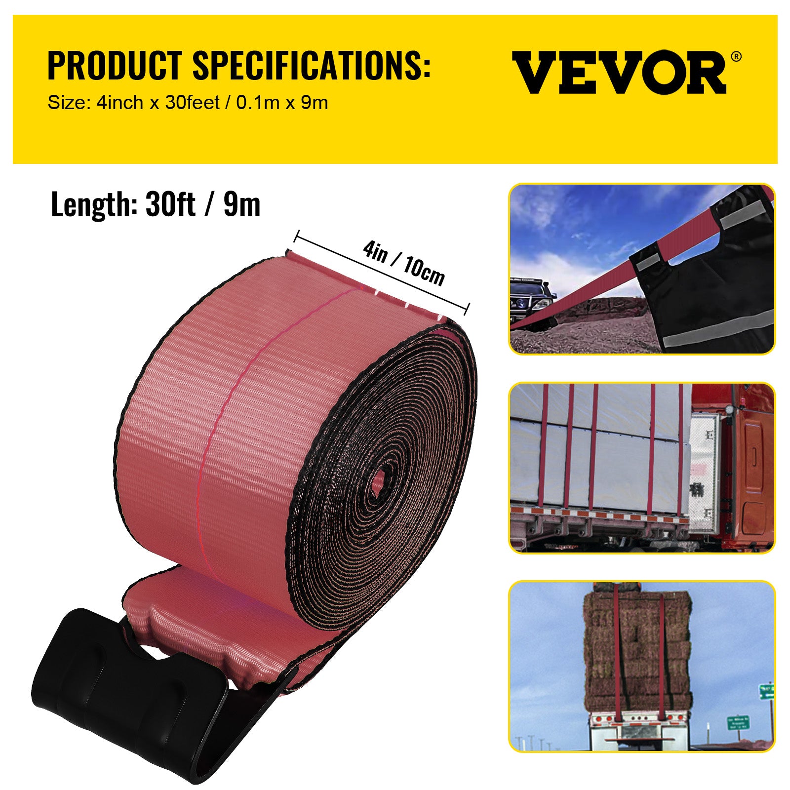 VEVOR Truck Straps 4" x30' Winch Straps with a Flat Hook Flatbed Tie Downs 15400lbs Load Capacity Flatbed Strap Cargo Control for Flatbeds, Trucks, Trailers, Farms, Rescues, Tree Saver, Red(4 Pack)