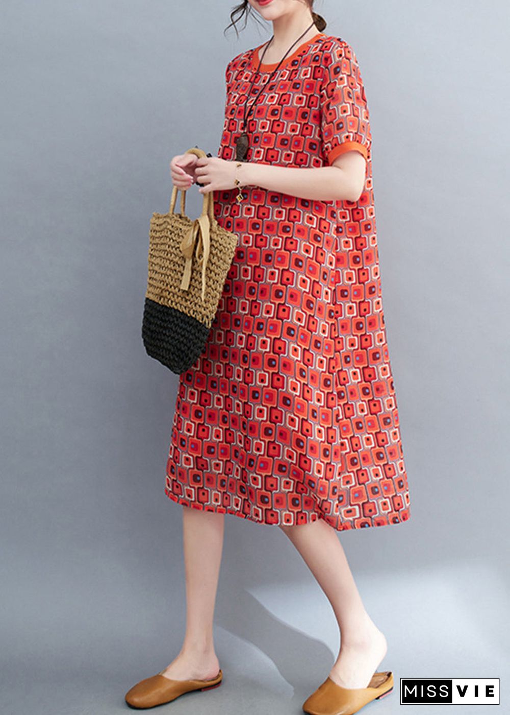 Red Print Chiffon Long Dress O-Neck Oversized Summer