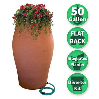 RESCUE 50 Gal. Terra Cotta Water Urn Flat-Back Rain Barrel with Integrated Planter and Diverter Kit 2232-1