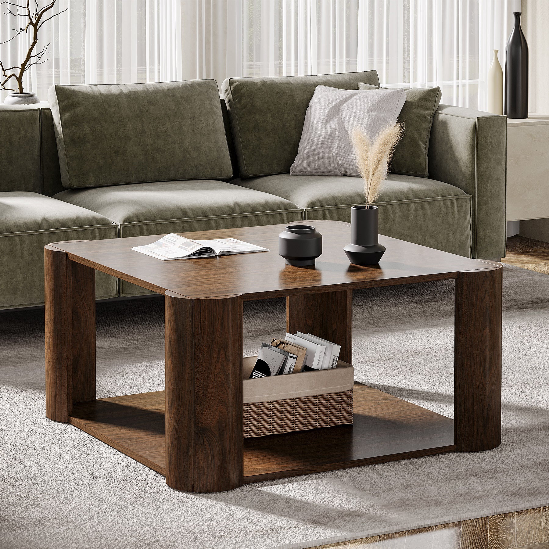 33.8 Coffee Table, Modern Square Center Table with 2-Tier Shelves