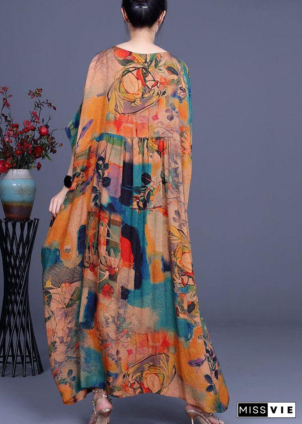 French Orange Print Button Batwing Sleeve Chiffon Summer Maxi Dresses