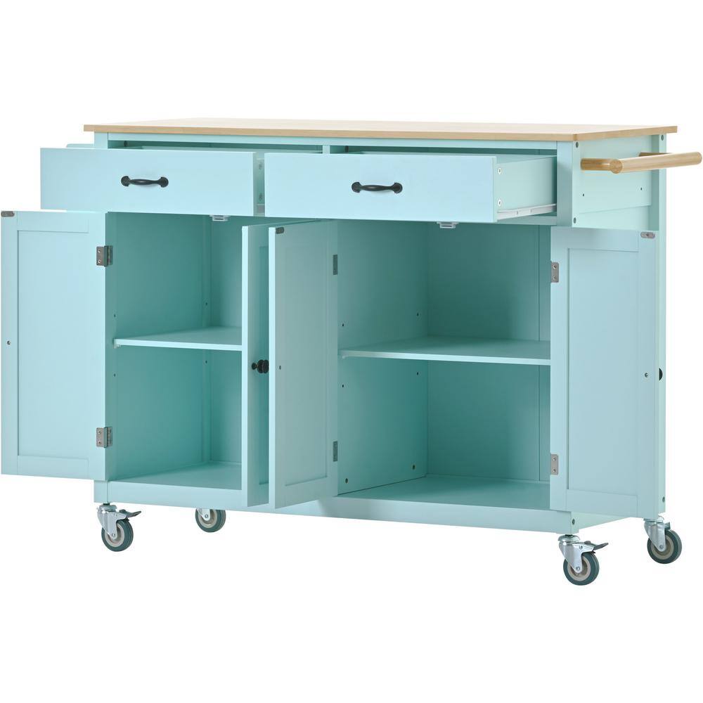 Mint Green Rubberwood Top 54.3 in. Kitchen Island Cart Locking Wheels Spice Towel Rack with 4-Door Cabinet and 2-Drawer EC-KIW-5202