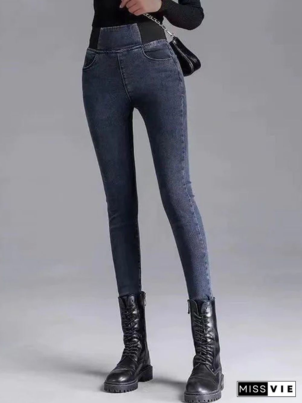 High Waist Warmth Plain Denim Casual Tight Jeans