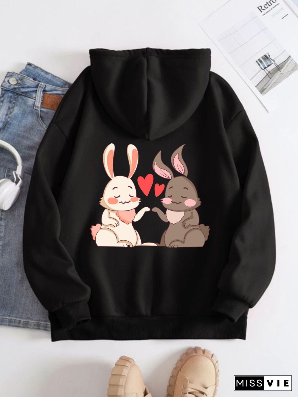 Printed on the Back Kangaroo Pocket Hoodie Long Sleeve for Women Pattern Rabbit in Love