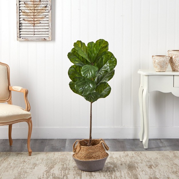 Nearly Natural 4-ft Fiddle Leaf Tree In Boho Chic Handmade Cotton and Jute Gray Woven Planter Uv Resistant