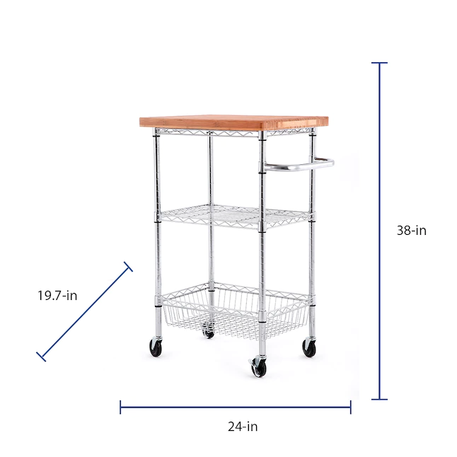 Style Selections Chrome Steel Base with Wood Top Rolling Kitchen Cart (24-in x 19.7-in x 38-in)