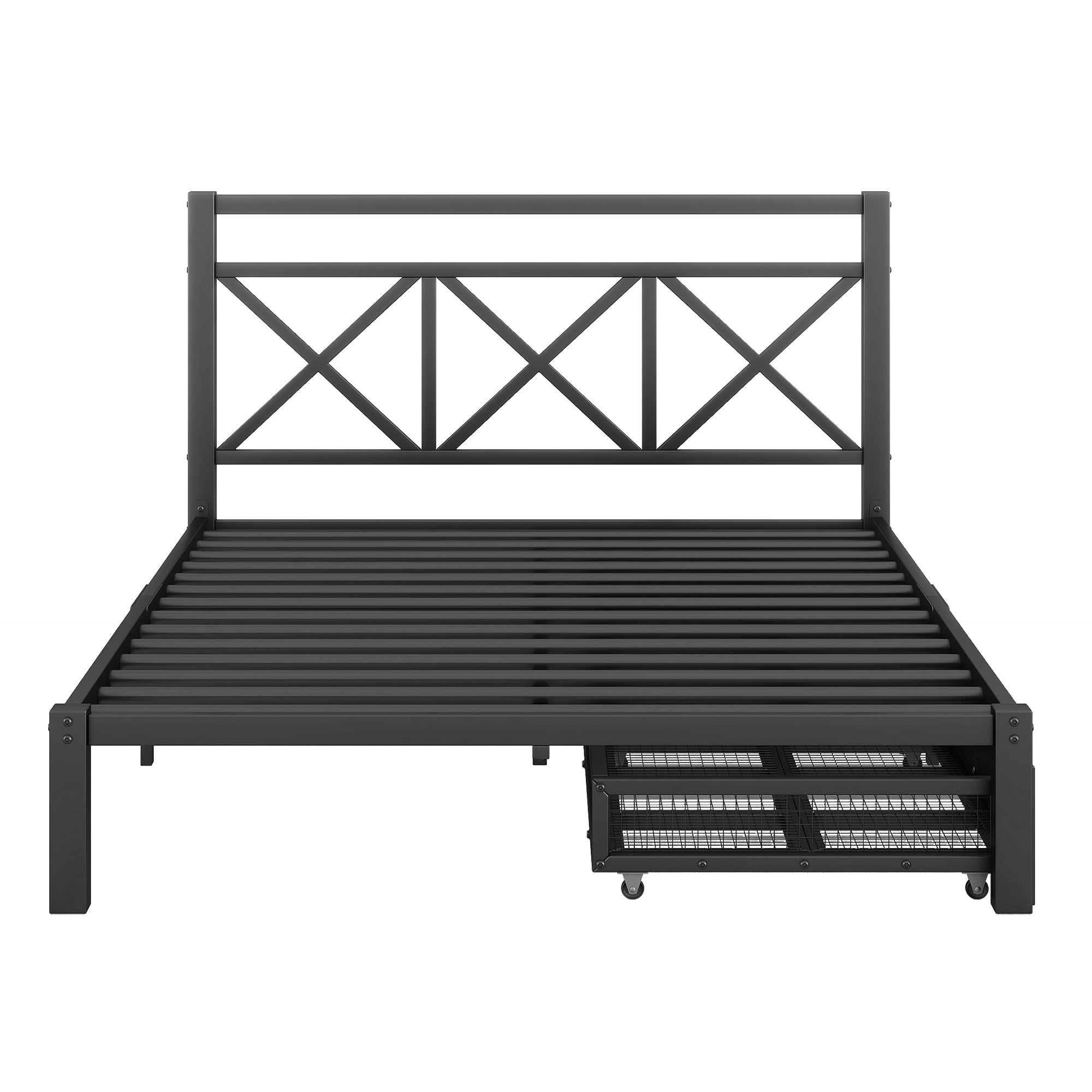 Metal Full Size Platform Bed with Two Drawers for Kids Room, Black