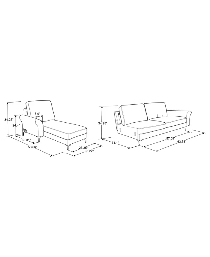 Lifestyle Solutions 34.25 Wood Steel Foam and Polyester Lance Reversible Chaise with Power and USB Ports Sofa