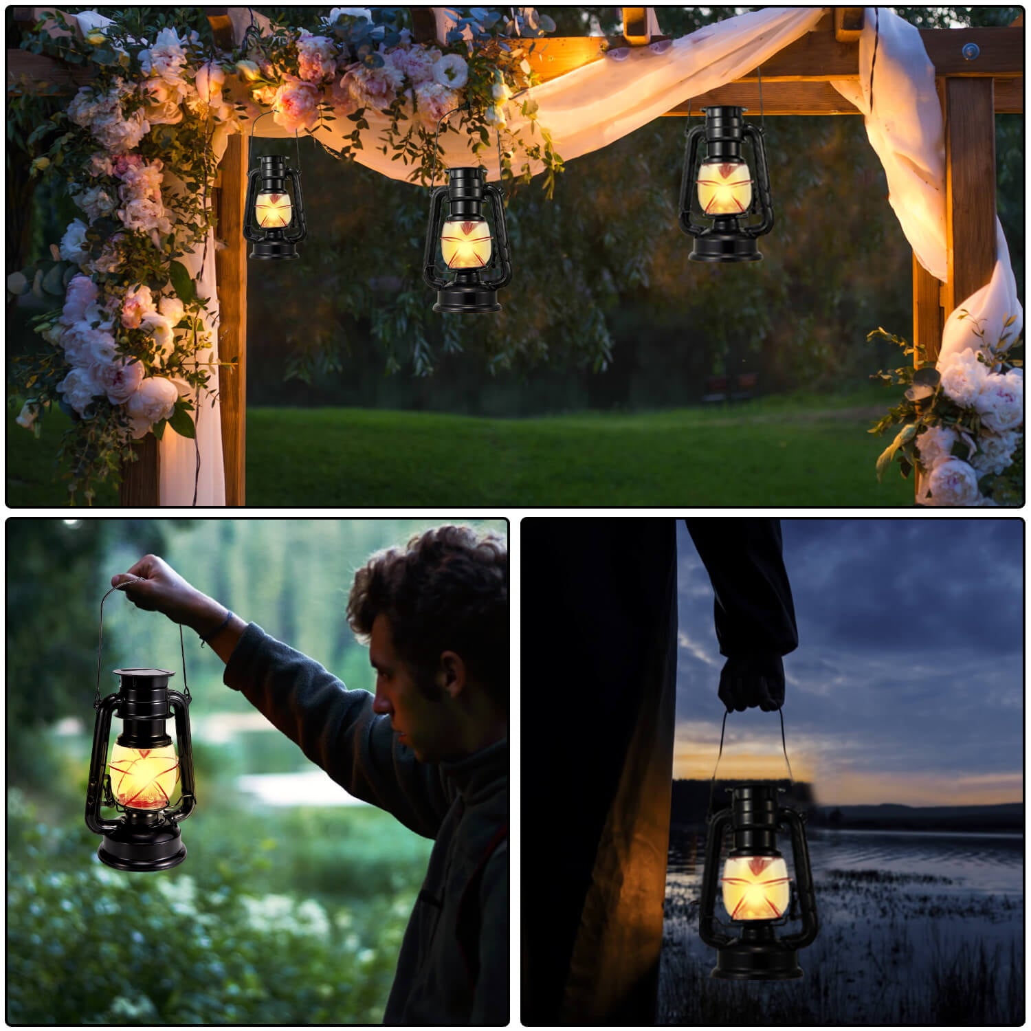 Flickering Flame Solar Lantern Lights， Hanging Waterproof Outdoor Solar Vintage Lanterns  for Camping Garden Patio Yard Black， 2 Pack