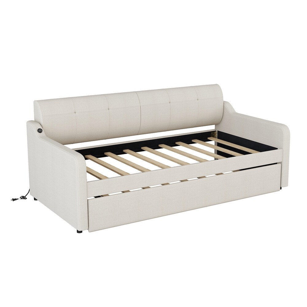 Twin Size Upholstered Daybed w/Trundle   USB Charging Design  Beige