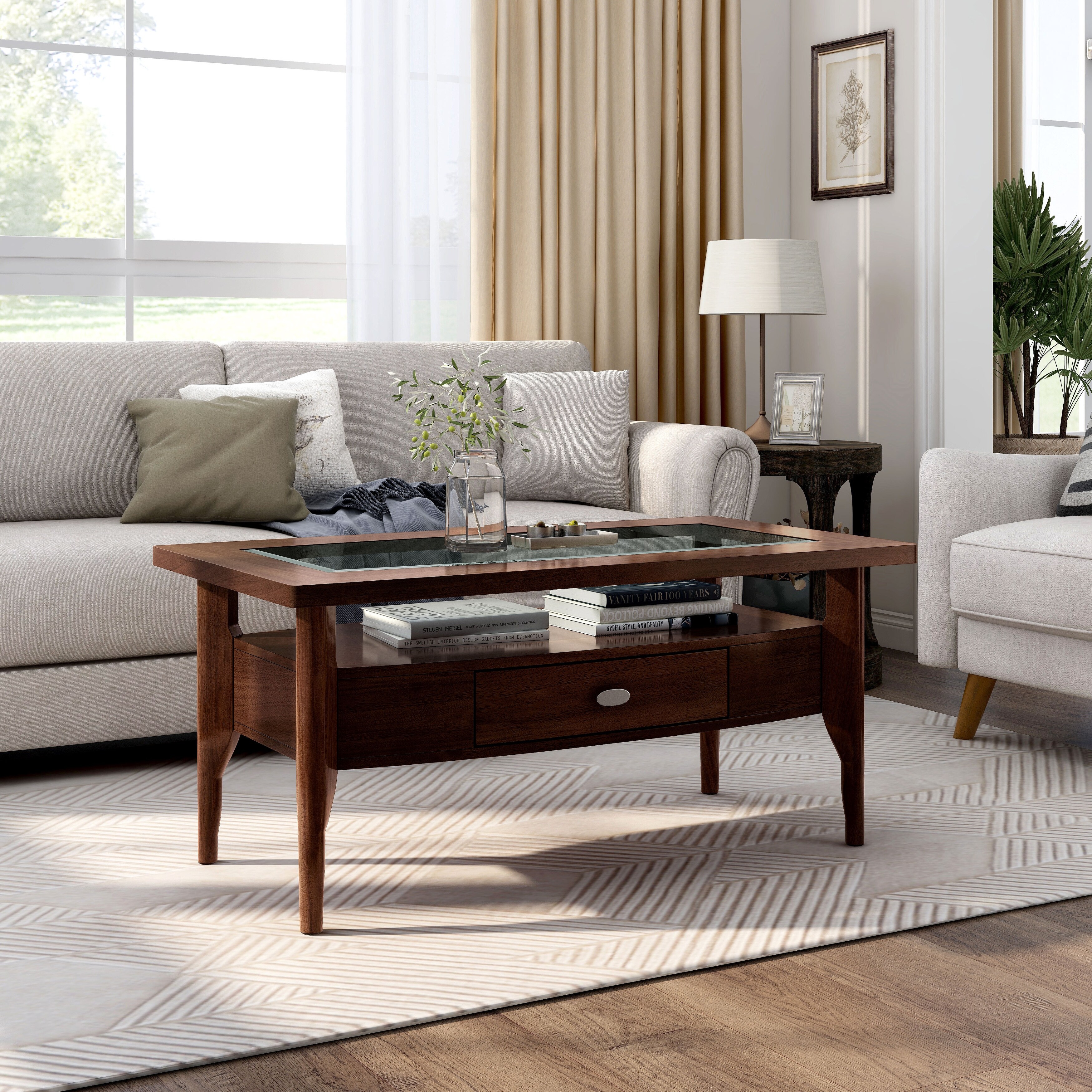 Genoas Traditional Walnut and Glass Coffee Table by Furniture of America