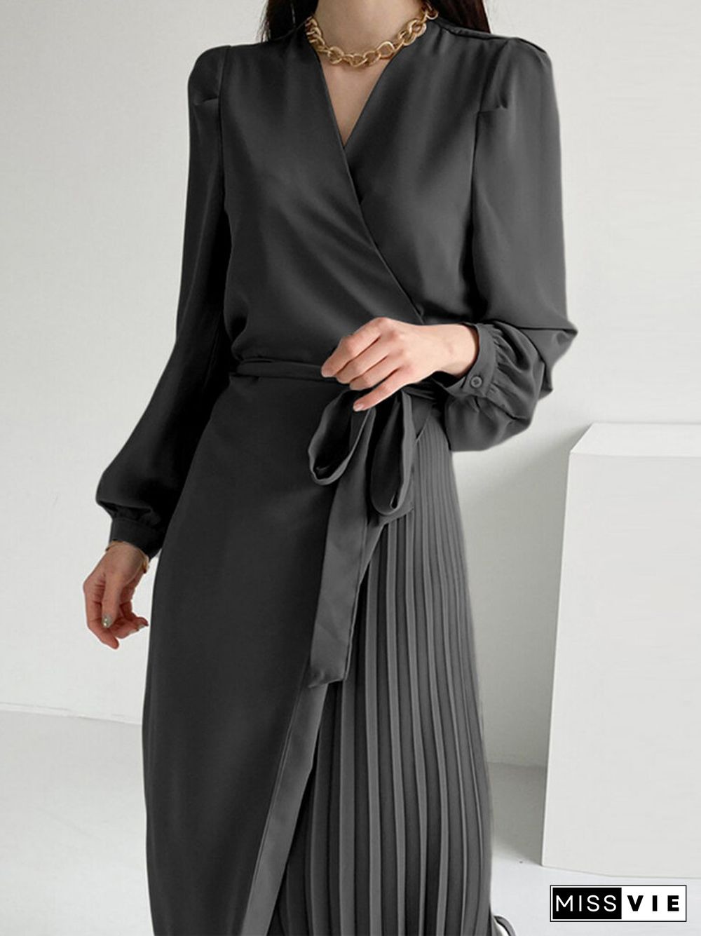 Solid Pleating Tie Up Puff Sleeve V Neck Midi Dresses