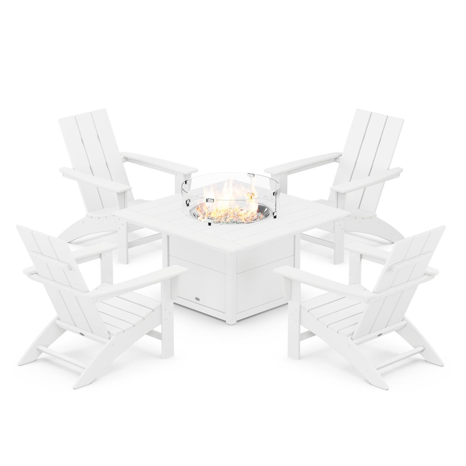 POLYWOOD Modern 5-Piece Adirondack Chair Conversation Set w/ Fire Pit Table