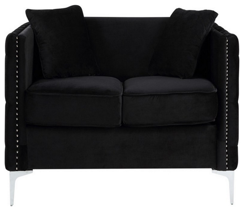 Benzara Zion 53 quotVelvet Accent Loveseat Handmade with Nailhead Trim in Black   Midcentury   Loveseats   by Homesquare  Houzz