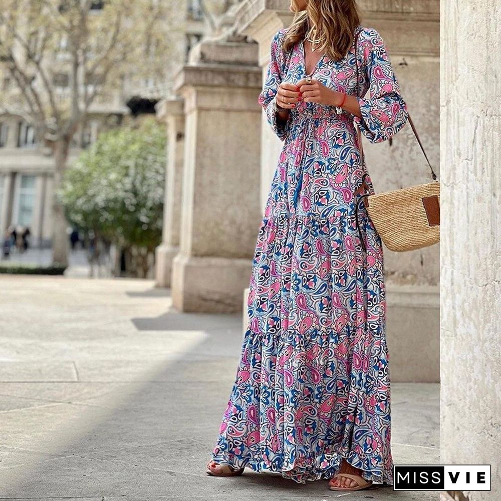 Spring New Temperament V-neck Bohemian Print Swing Dress Womem Casual Vacation Loose Beach Dress