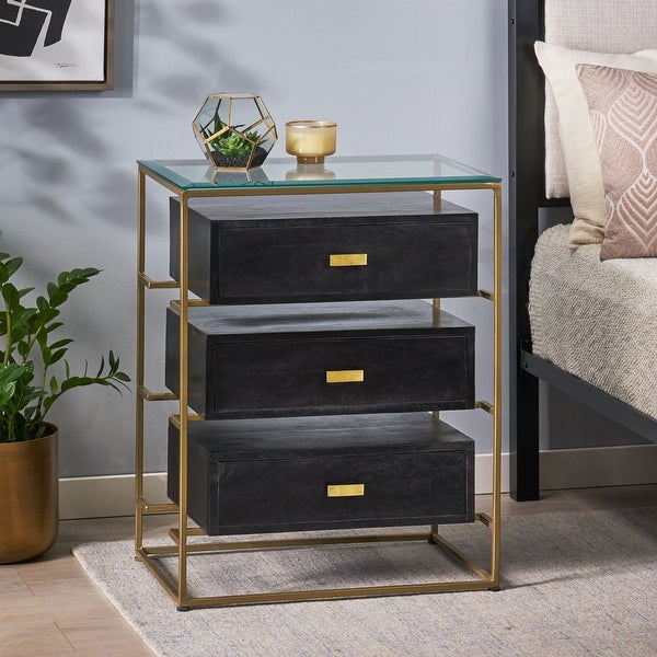 Hoadley Modern Handcrafted 3 Drawer Glass Top Nightstand by Christopher Knight Home - - 32872978