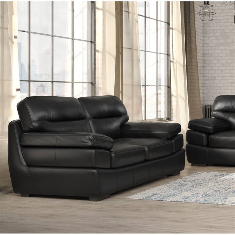 Sunset Trading Jayson 73 quotModern Top Grain Leather Loveseat in Black   Contemporary   Loveseats   by Homesquare  Houzz