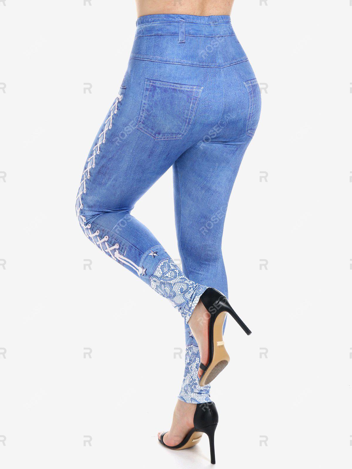 3D Denim Print T-shirt and 3D Denim Skinny Jeggings Plus Size Outfit