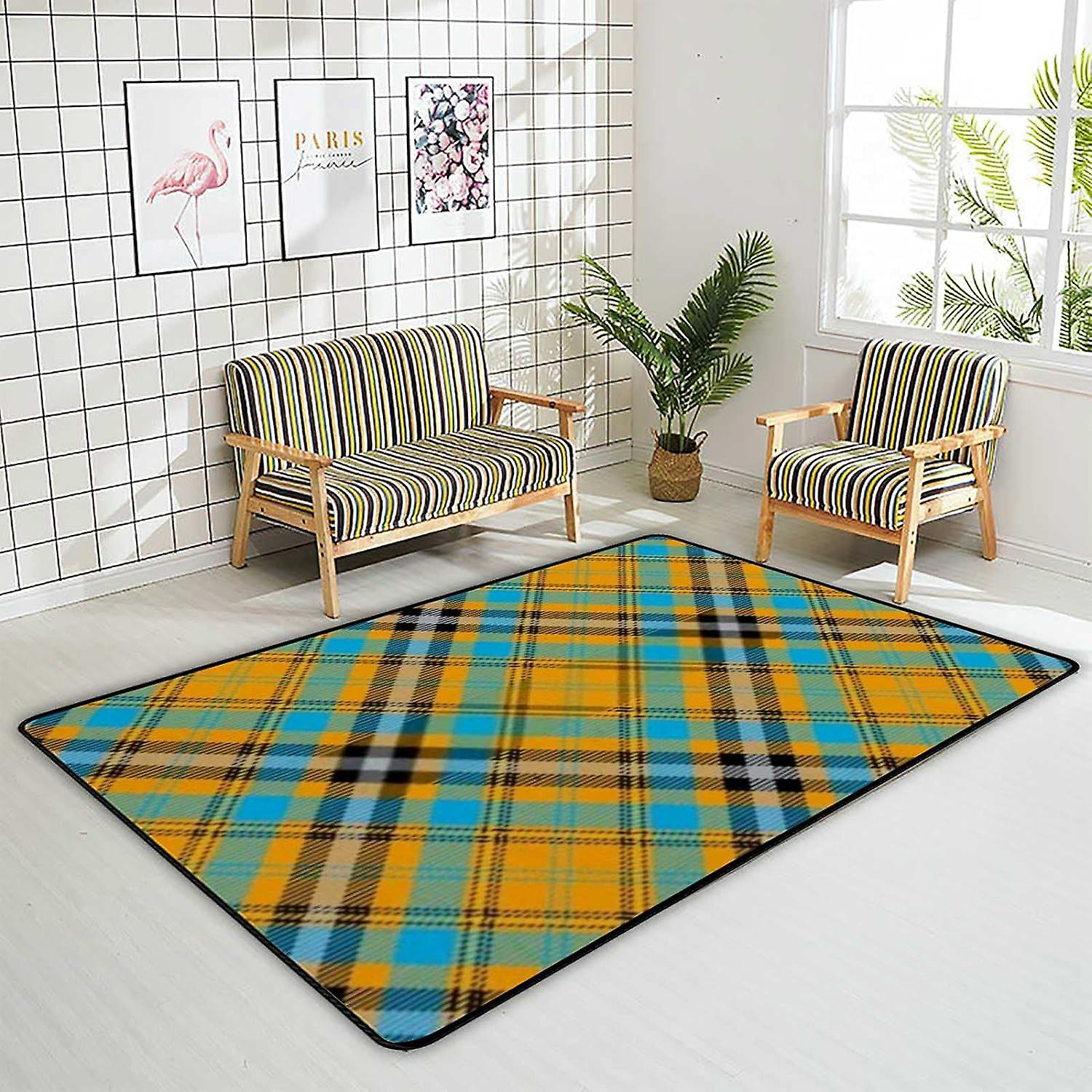 Soft Area Rugs Orange Blue Tartan Plaid Floor Carpet Mat For Kids Playing Room Hardwood Floor Living Room 80x58in