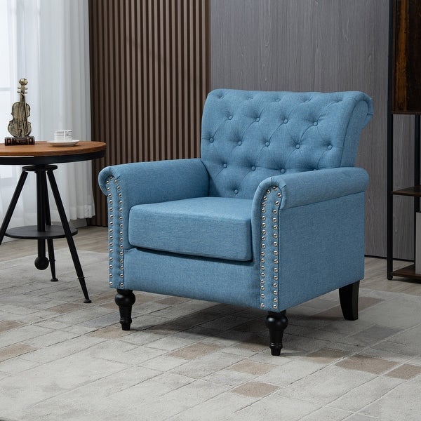 Linen Armchair with Tufted Back and Wood Legs