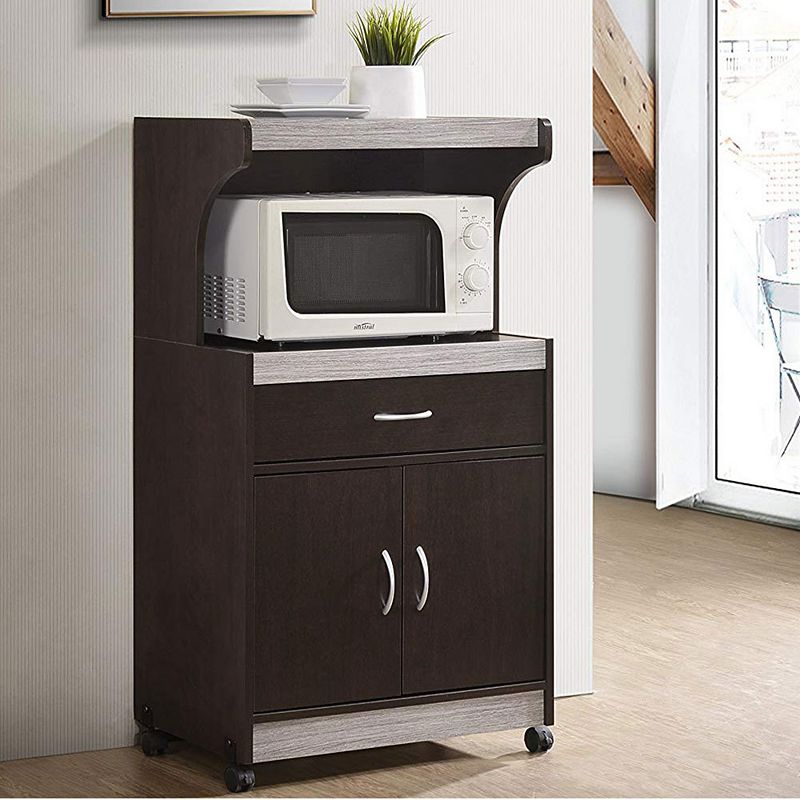 Hodedah Wheeled Microwave Cart with Drawer and Cabinet Storage， Chocolate Grey